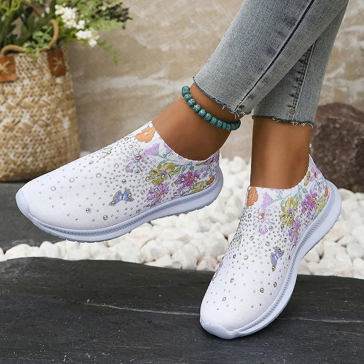 Breathable knitted platform shoes with floral pattern