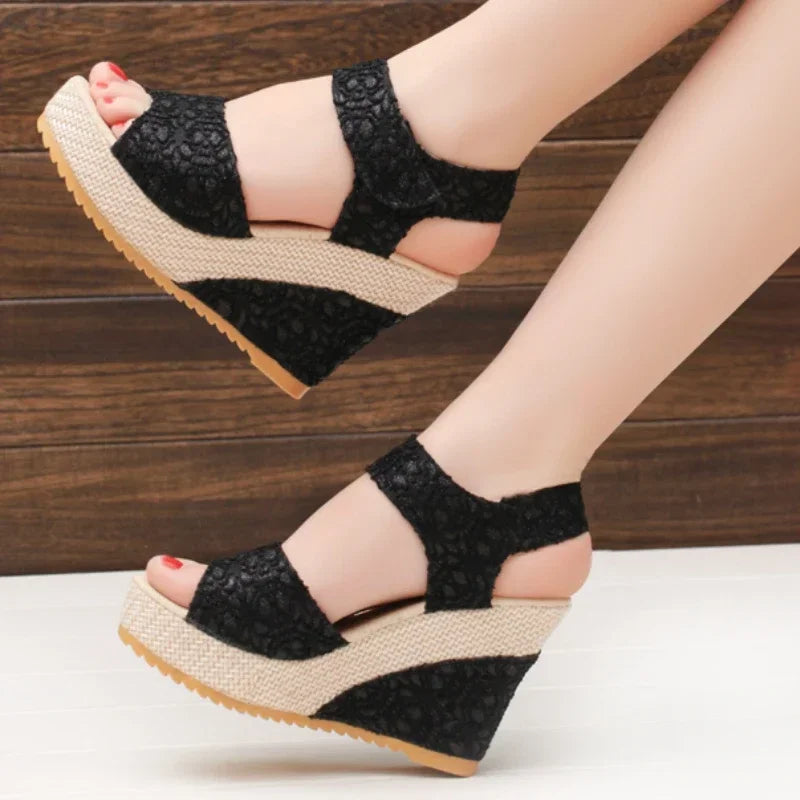 Wedge Heel Sandals Mesh Peep Toe Platform High Heel