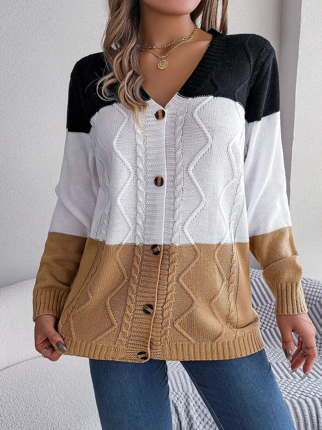 Long-sleeved cardigan with V-neckline