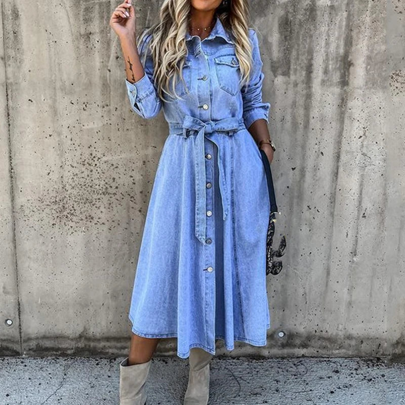 Denim Long Single-breasted Pocket Dress