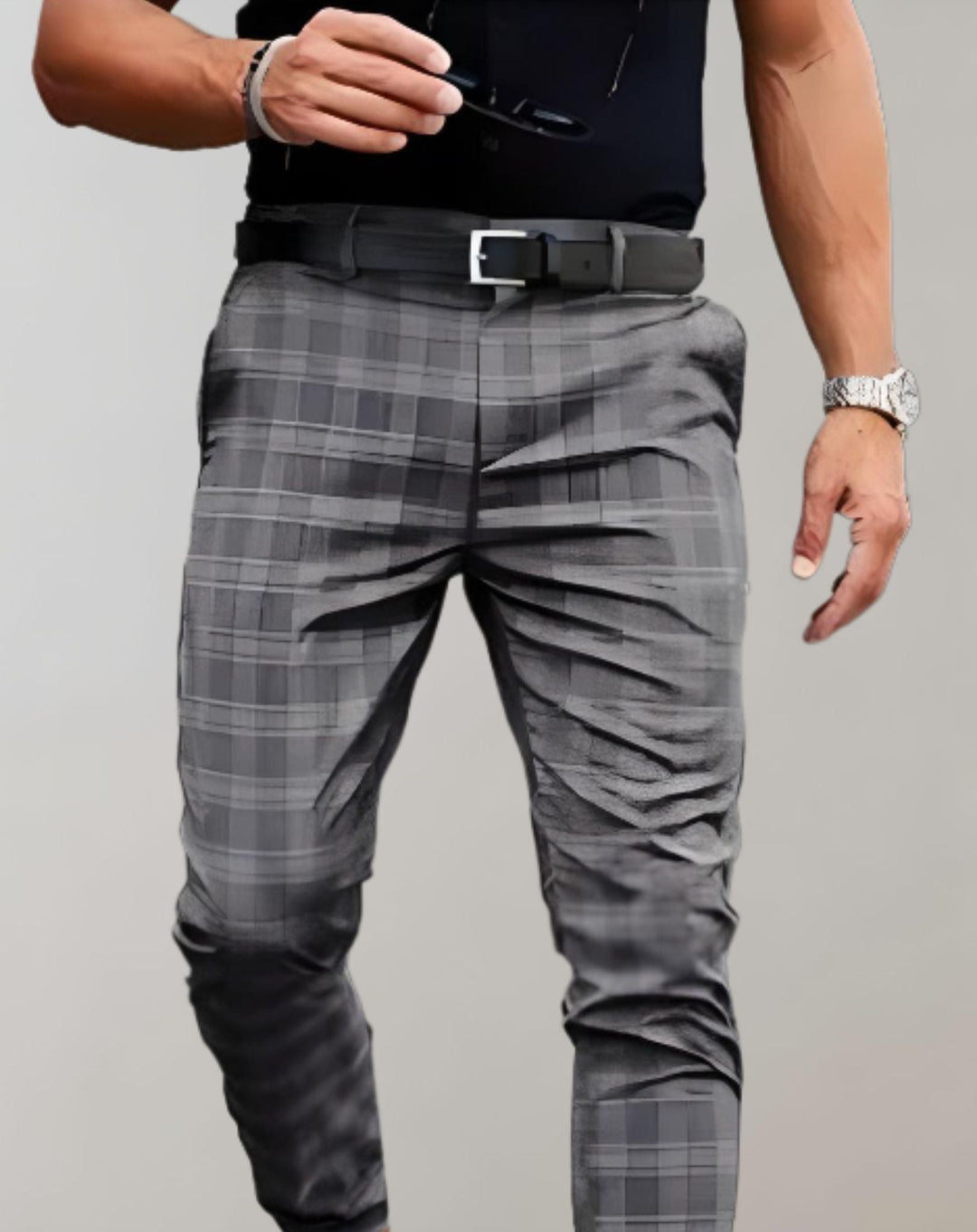 Slim Checkered High Waisted Men's Trousers