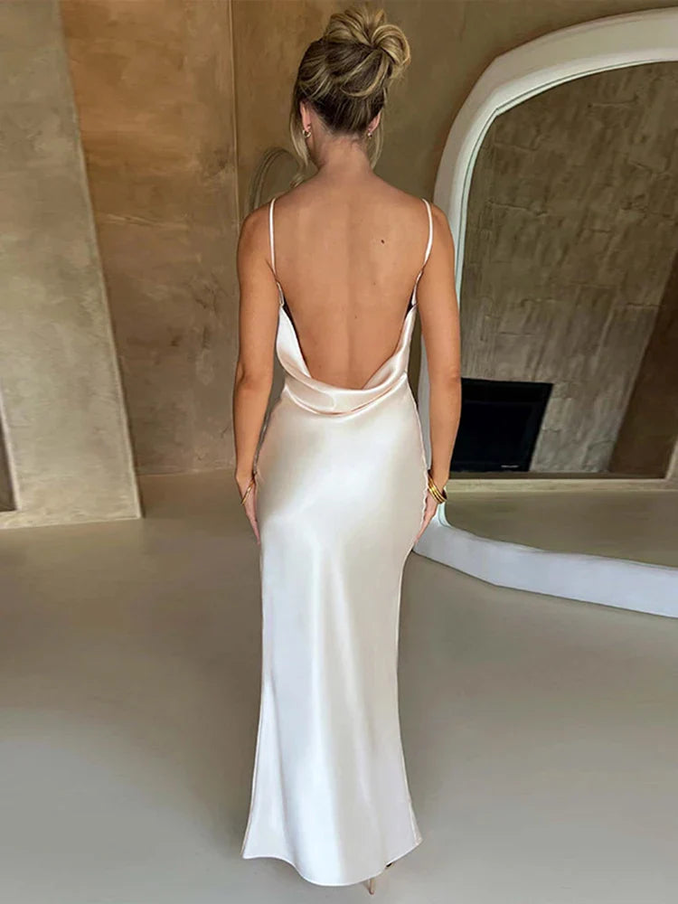 Ladies backless bodycon satin maxi dress with lacing