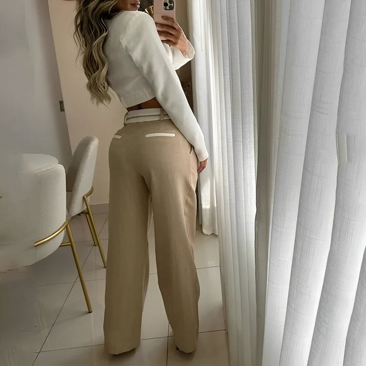 Long-sleeved top with lapel and trouser set