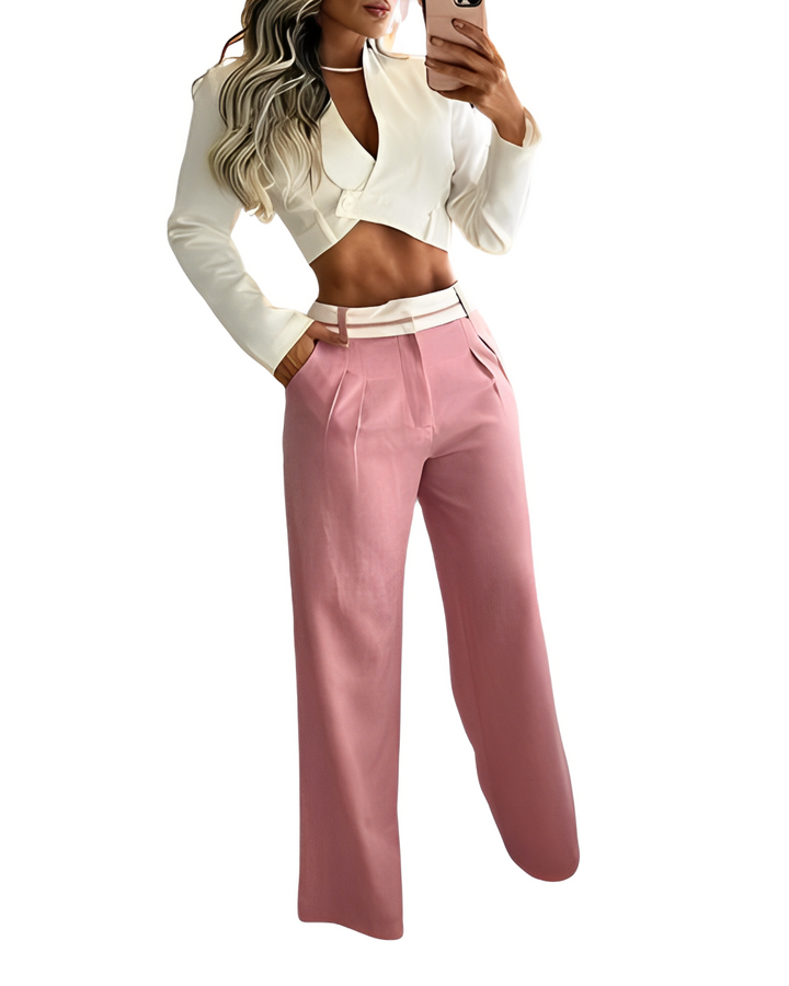 Long-sleeved top with lapel and trouser set