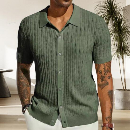 Men's - Casual Button-Down Shirt - Soft Ribbed Texture