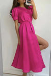 Women's - Elegant Round Neck Dress - Short Sleeves with Buckle Fastening - Stylish Women's Fashion