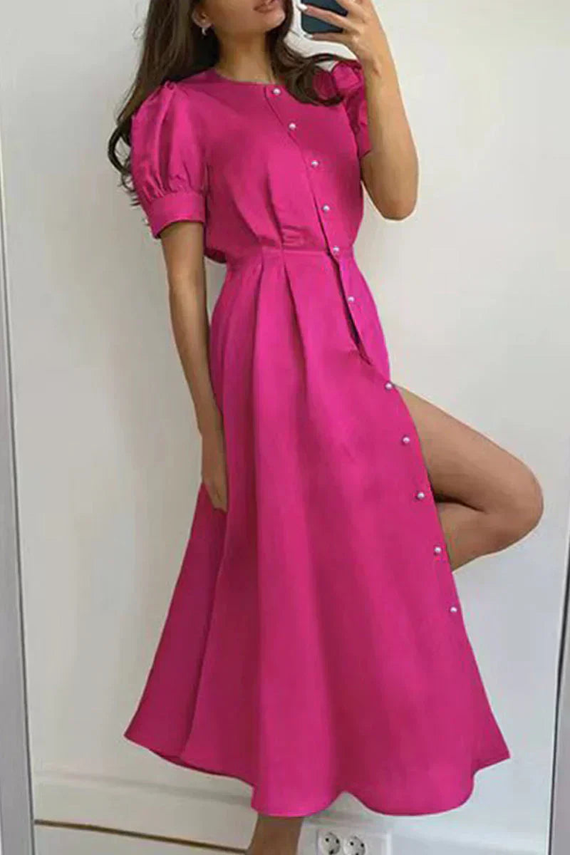 Women's - Elegant Round Neck Dress - Short Sleeves with Buckle Fastening - Stylish Women's Fashion