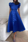Women's - Elegant Round Neck Dress - Short Sleeves with Buckle Fastening - Stylish Women's Fashion