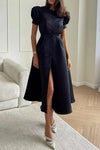 Women's - Elegant Round Neck Dress - Short Sleeves with Buckle Fastening - Stylish Women's Fashion