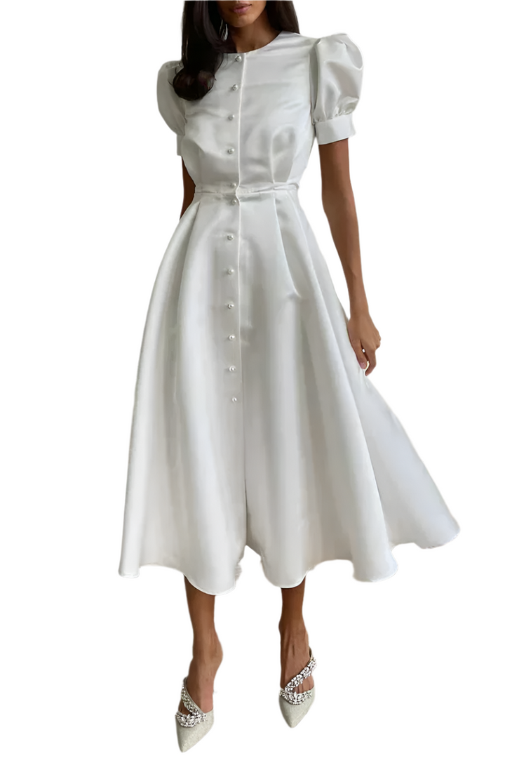 Women's - Elegant Round Neck Dress - Short Sleeves with Buckle Fastening - Stylish Women's Fashion