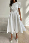 Women's - Elegant Round Neck Dress - Short Sleeves with Buckle Fastening - Stylish Women's Fashion