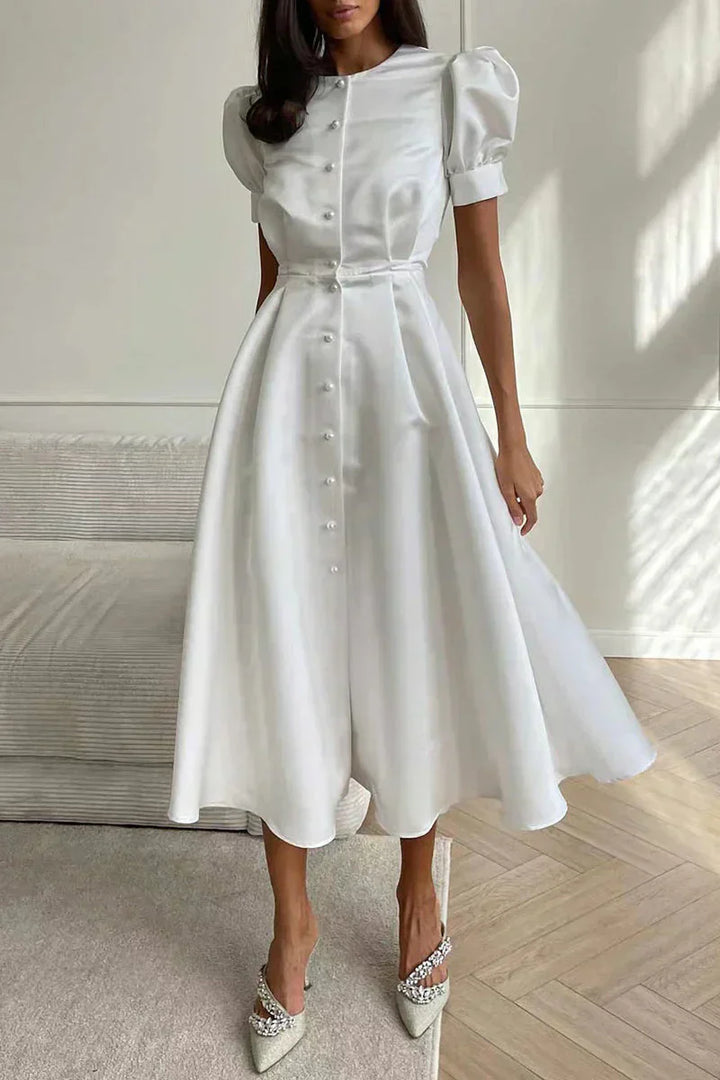 Women's - Elegant Round Neck Dress - Short Sleeves with Buckle Fastening - Stylish Women's Fashion