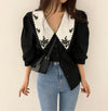 Vintage-inspired shirt blouse with embroidered collar