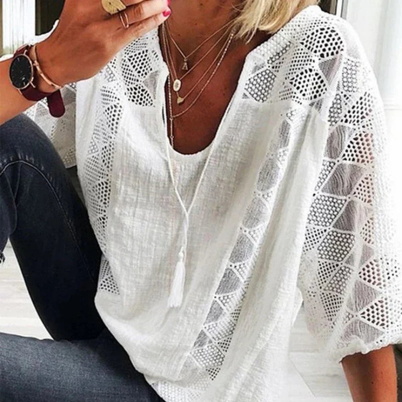 Fashionable lace blouse with V-neckline