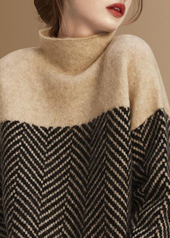 Fashionable khaki-coloured turtleneck with knitted patchwork jumper