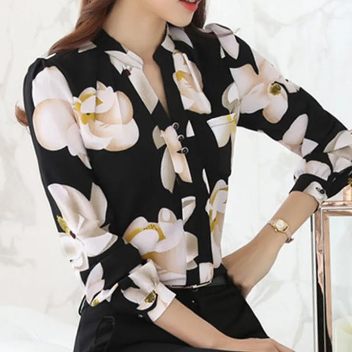 Long-sleeved chiffon blouse with V-neckline