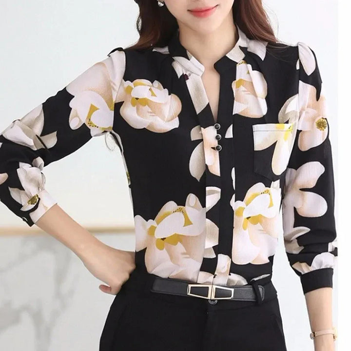 Long-sleeved chiffon blouse with V-neckline