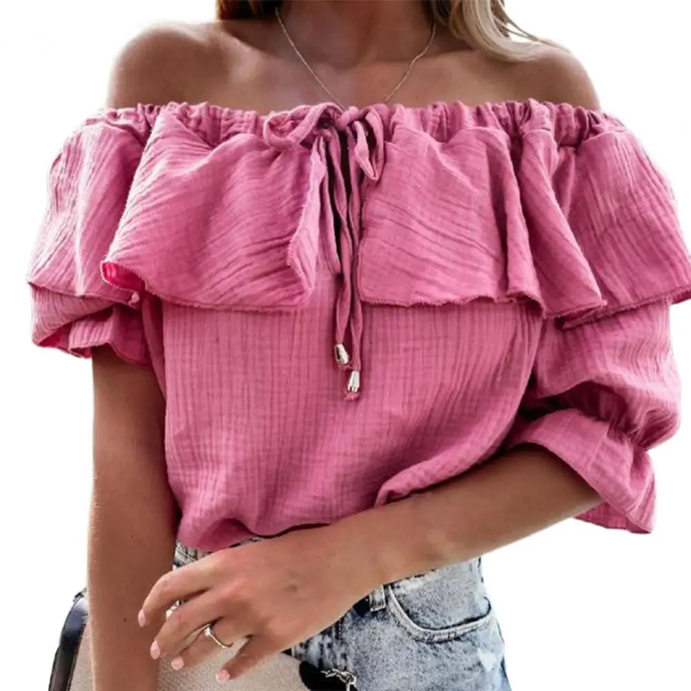 Women's off-the-shoulder frill blouse with lacing and tie ribbon