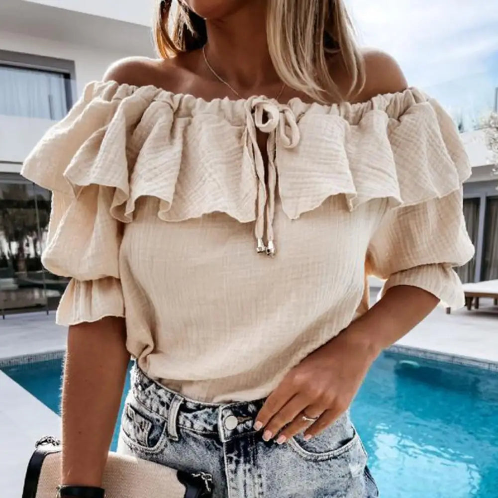 Women's off-the-shoulder frill blouse with lacing and tie ribbon