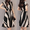 Women's knee-length striped print O-neck short sleeve dress with belt for casual and business occasions