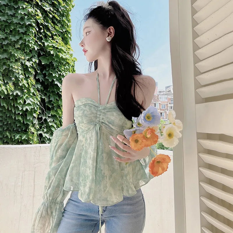 Floral sweet off-the-shoulder chiffon blouse