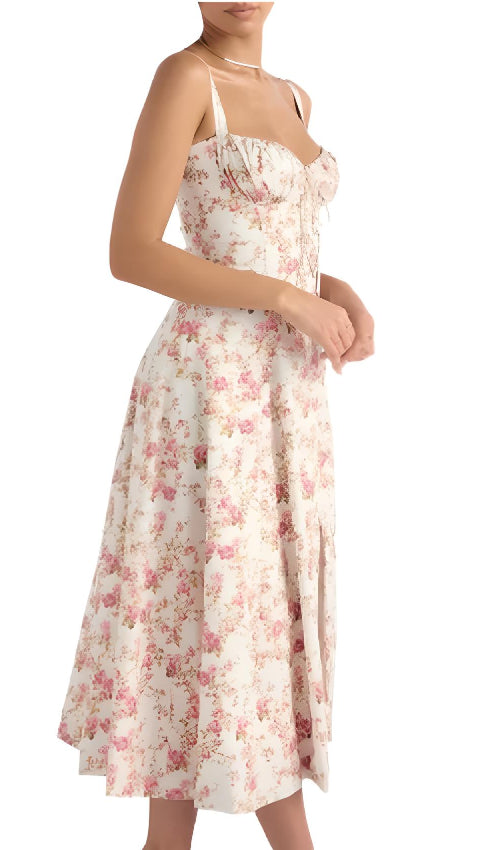 Ladies' strapless floral dress with sweetheart neckline and thigh-high slit