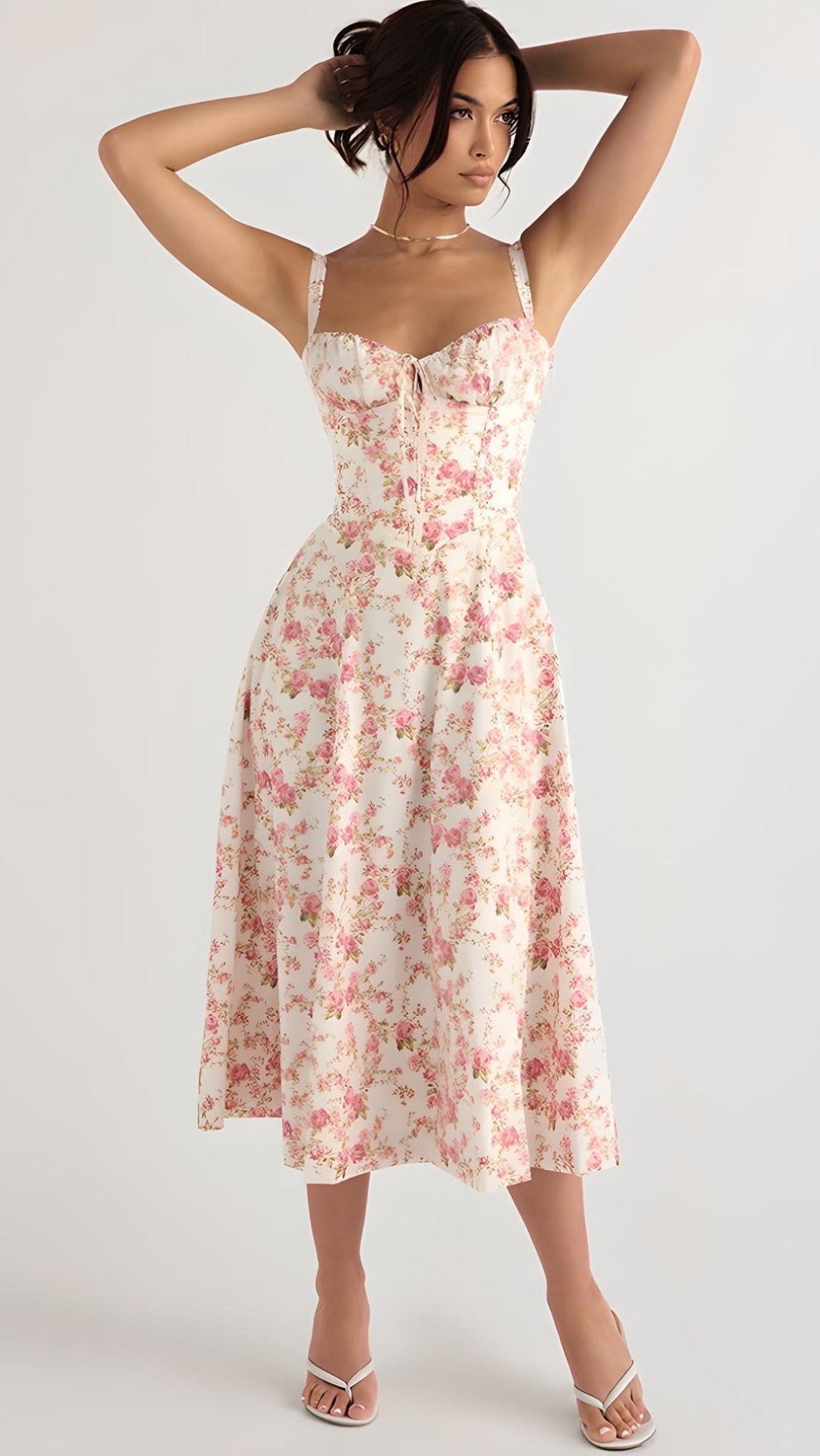 Ladies' strapless floral dress with sweetheart neckline and thigh-high slit