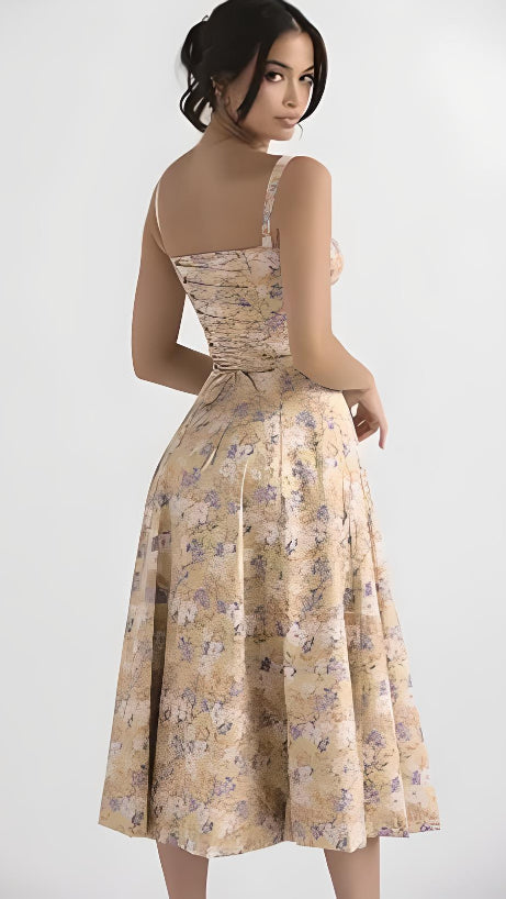 Ladies' strapless floral dress with sweetheart neckline and thigh-high slit