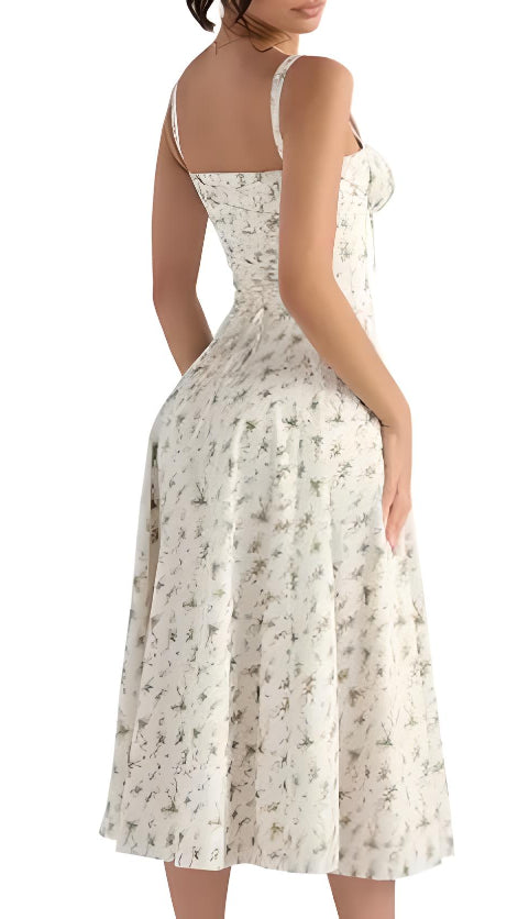 Ladies' strapless floral dress with sweetheart neckline and thigh-high slit