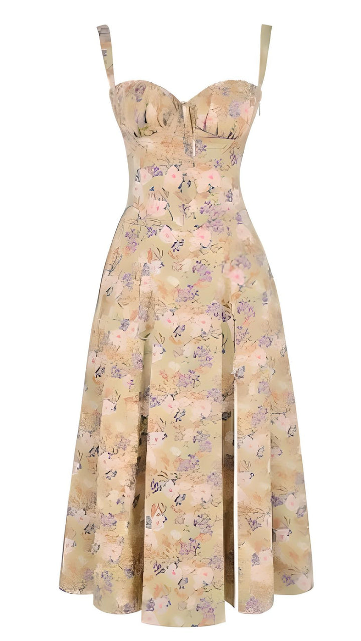 Ladies' strapless floral dress with sweetheart neckline and thigh-high slit