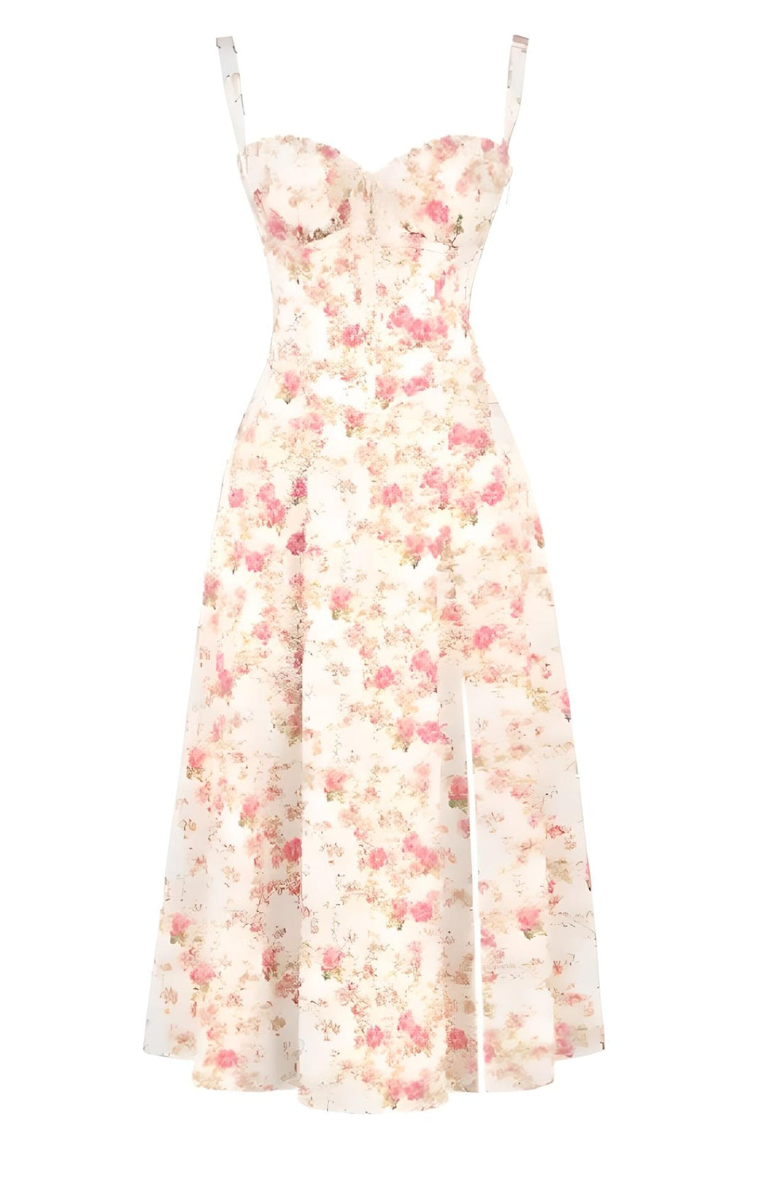 Ladies' strapless floral dress with sweetheart neckline and thigh-high slit