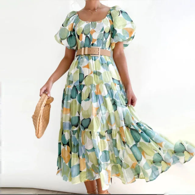 Off-the-shoulder, tiered maxi dress with floral pattern