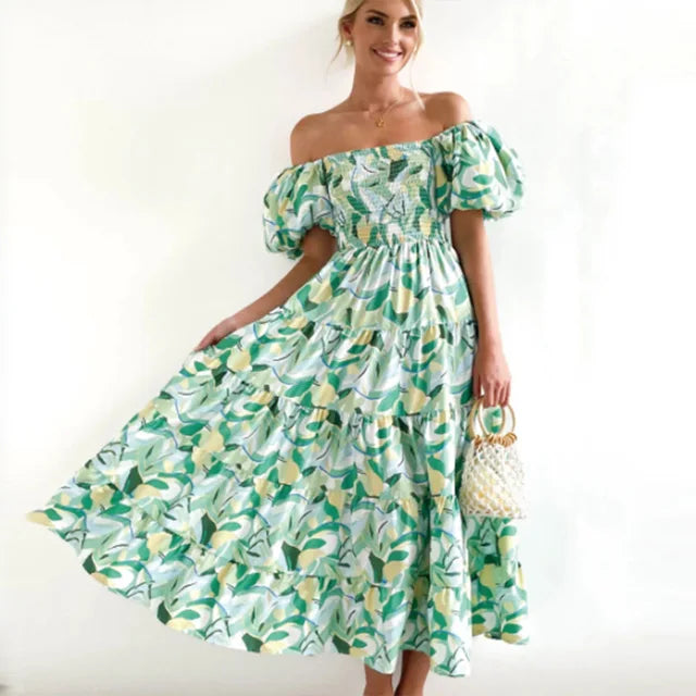 Off-the-shoulder, tiered maxi dress with floral pattern