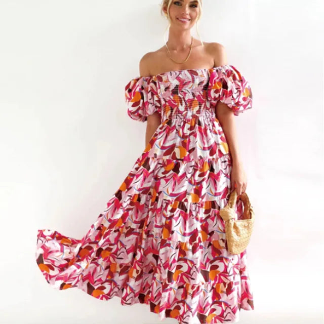 Off-the-shoulder, tiered maxi dress with floral pattern