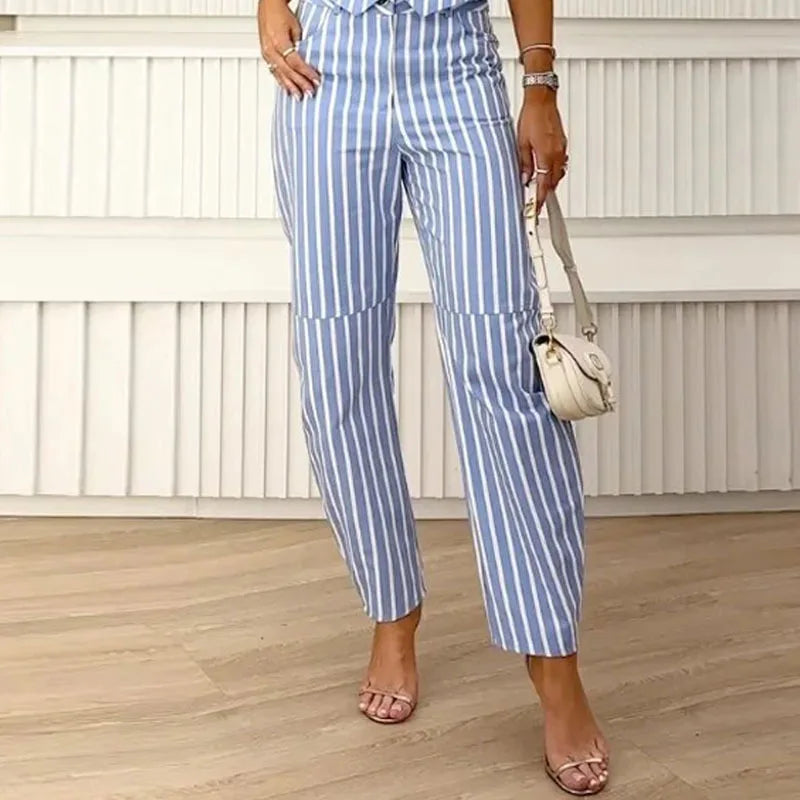 Striped jumpsuit with button placket and tie waist