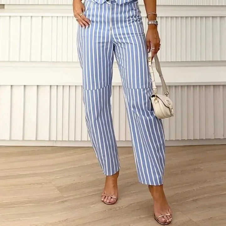 Striped jumpsuit with button placket and tie waist