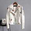 Womens Black Vegan Leather Floral Embroidered Jacket