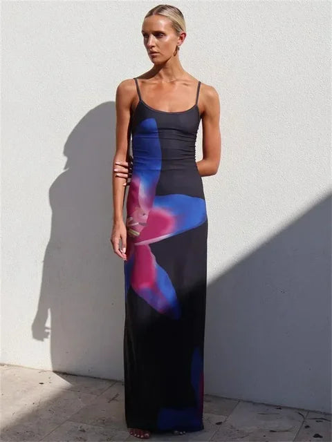 Shiny printed spaghetti hot back free maxi dress