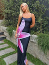 Shiny printed spaghetti hot back free maxi dress