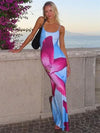 Shiny printed spaghetti hot back free maxi dress