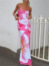 Shiny printed spaghetti hot back free maxi dress