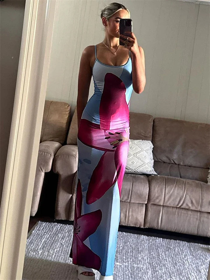 Shiny printed spaghetti hot back free maxi dress