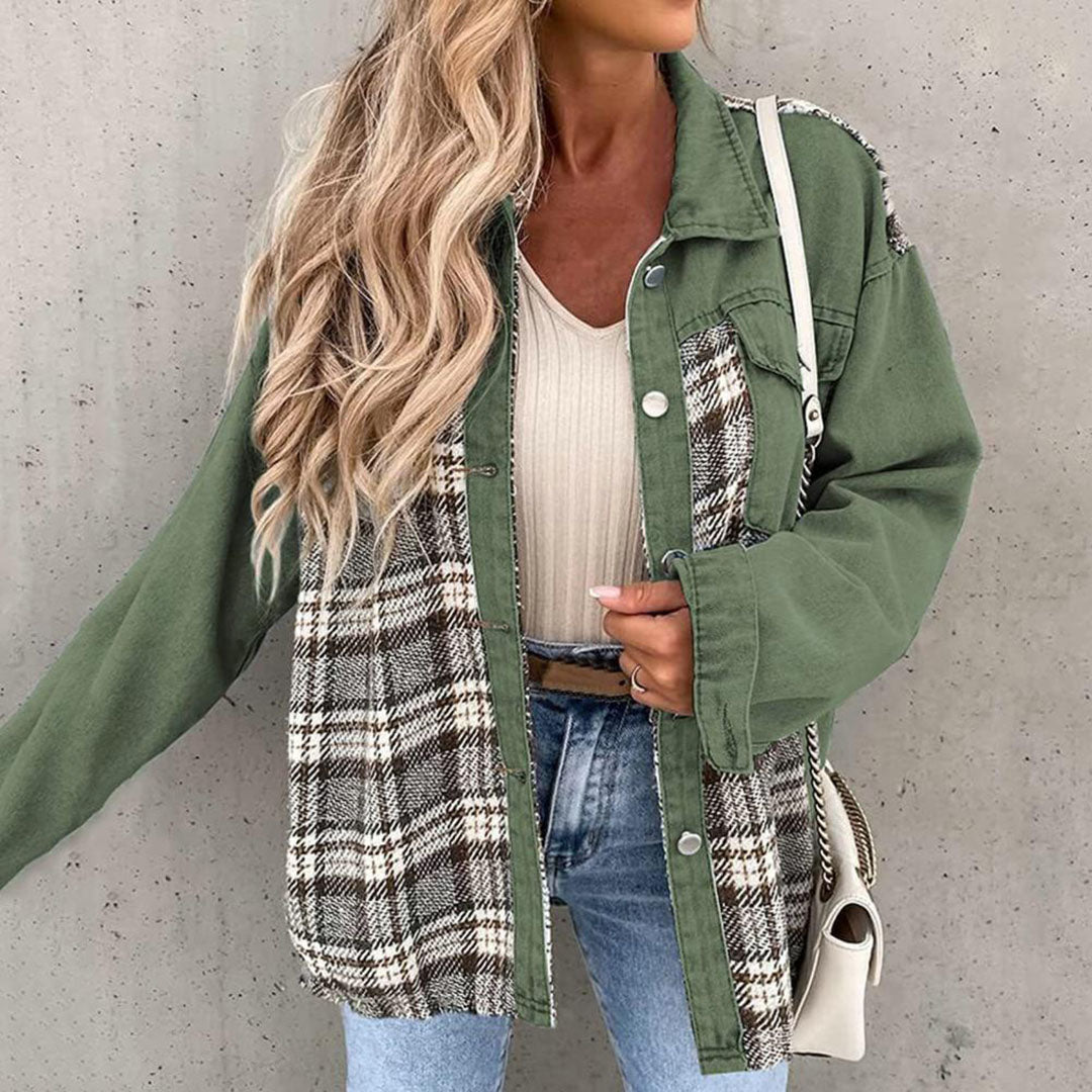 Fashionable chequered oversized denim jacket for women