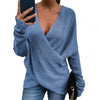 Women's long sleeve jumper with deep V-neck in a single-colour knit look for casual cross-knit fashion