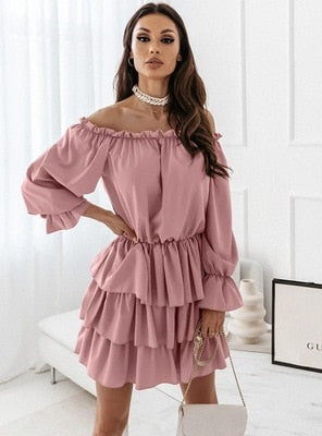 Long off-the-shoulder dress with puff sleeves