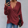 Women's long sleeve jumper with deep V-neck in a single-colour knit look for casual cross-knit fashion