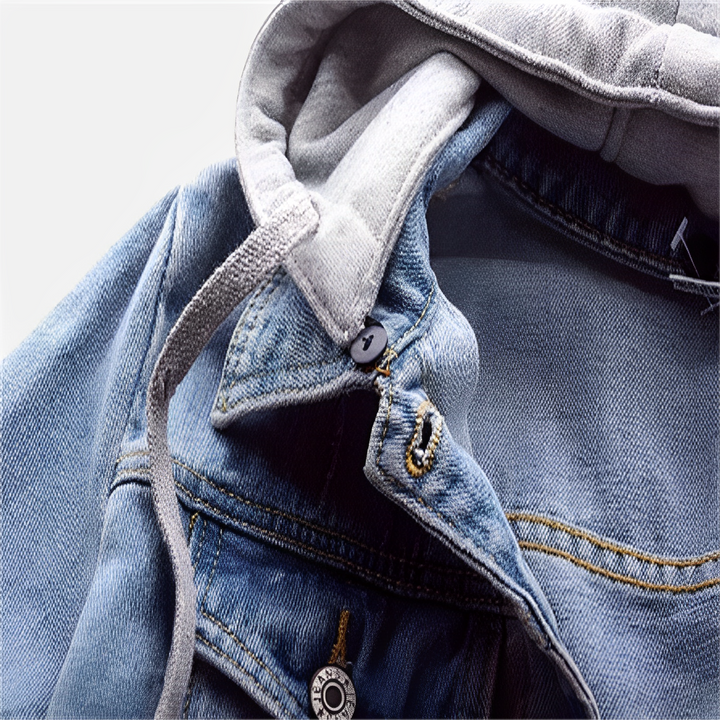 Denim jacket with detachable hood and long sleeves