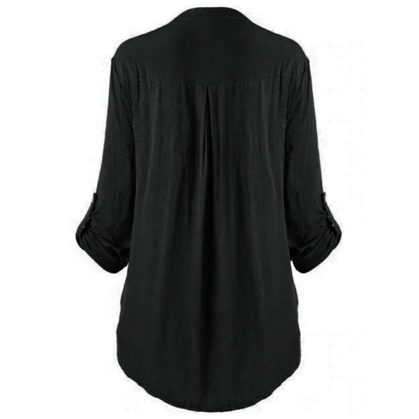 Ladies' long-sleeved shirt with button placket and stand-up collar