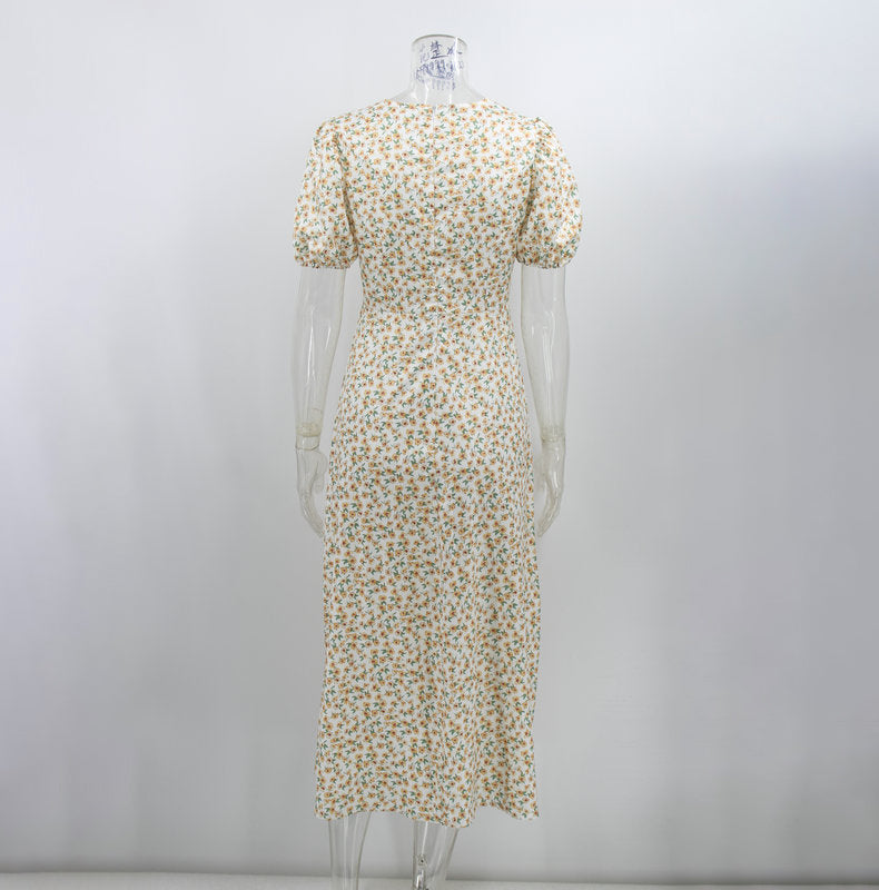 Women's floral dress with puff sleeves and back neckline