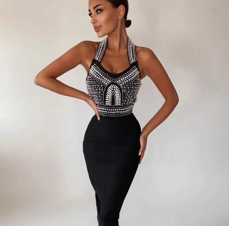 Neckholder bodycon midi dress with pearls